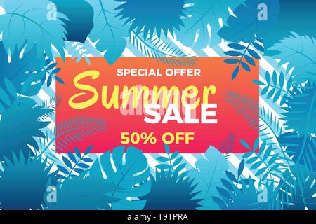 Summer sale banner with leafs Vector illustration Stock Vector