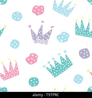 Childish seamless pattern with crowns and hearts. Creative texture for fabric Stock Vector