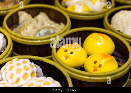 Various Dim Sum in Bamboo Steamed Bowl Stock Photo