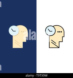 Time, Mind, Thoughts, Head  Icons. Flat and Line Filled Icon Set Vector Blue Background Stock Vector