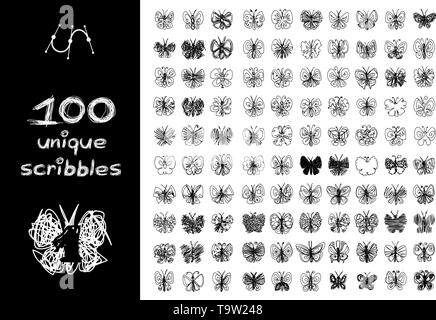 vector black 100 SCRIBBLES objects set isolated on white Stock Vector