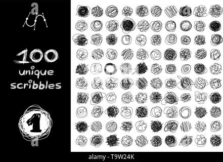 vector black 100 SCRIBBLES objects set isolated on white Stock Vector