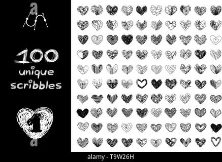 vector black 100 SCRIBBLES objects set isolated on white Stock Vector