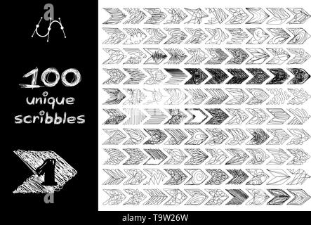 vector black 100 SCRIBBLES objects set isolated on white Stock Vector