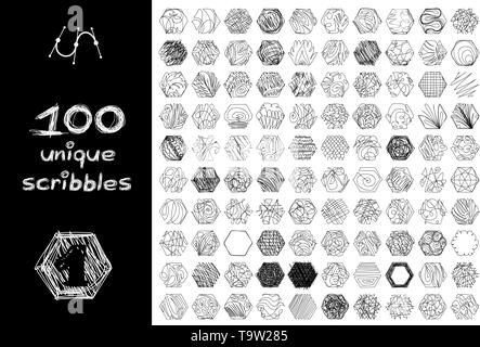 vector black 100 SCRIBBLES objects set isolated on white Stock Vector