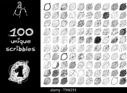 vector black 100 SCRIBBLES objects set isolated on white Stock Vector