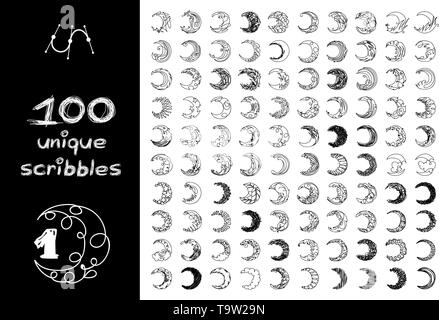 vector black 100 SCRIBBLES objects set isolated on white Stock Vector