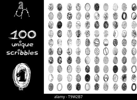 vector black 100 SCRIBBLES objects set isolated on white Stock Vector