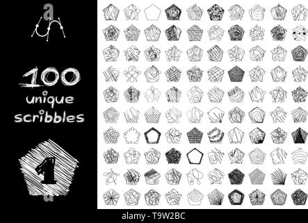vector black 100 SCRIBBLES objects set isolated on white Stock Vector