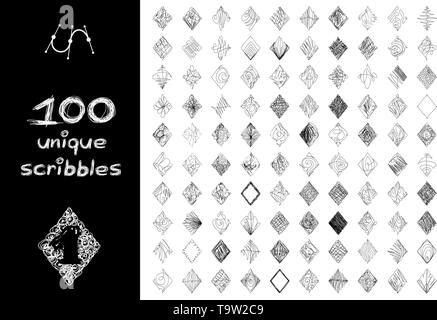 vector black 100 SCRIBBLES objects set isolated on white Stock Vector