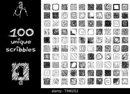 vector black 100 SCRIBBLES objects set isolated on white Stock Vector