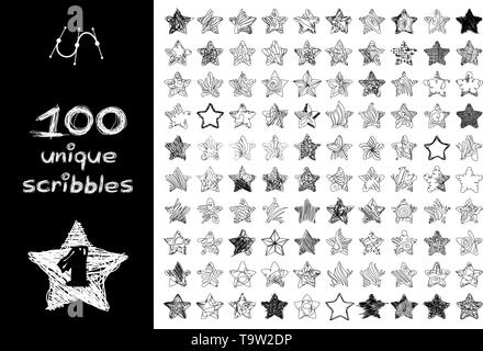 vector black 100 SCRIBBLES objects set isolated on white Stock Vector
