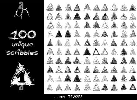 vector black 100 SCRIBBLES objects set isolated on white Stock Vector