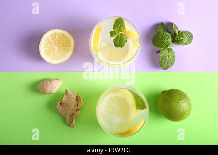 Composition with tasty lemonade on color background Stock Photo
