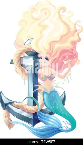 vector cartoon cute mermaid and anchor with rope Stock Vector