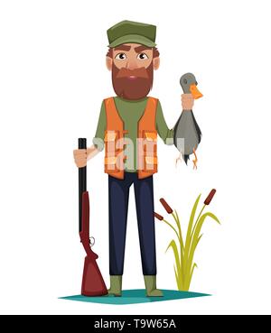Hunter man cartoon character with a rifle and shot duck. Vector illustration isolated on white background Stock Vector