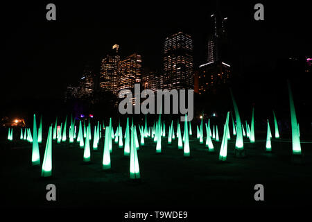 Sydney, Australia. 20th May 2019. From 24 May until 15 June the captivating grounds of the Royal Botanic Garden Sydney will be illuminated by artworks that reflect both light and nature when Vivid Sydney returns for 2019. Entering through the Queen Elizabeth II Gates, visitors can explore 15 mesmerising, playful and informative installations. Pictured: the giant blades of Dancing Grass. Credit: Richard Milnes/Alamy Live News Stock Photo