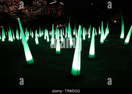 Sydney, Australia. 20th May 2019. From 24 May until 15 June the captivating grounds of the Royal Botanic Garden Sydney will be illuminated by artworks that reflect both light and nature when Vivid Sydney returns for 2019. Entering through the Queen Elizabeth II Gates, visitors can explore 15 mesmerising, playful and informative installations. Pictured: the giant blades of Dancing Grass. Credit: Richard Milnes/Alamy Live News Stock Photo