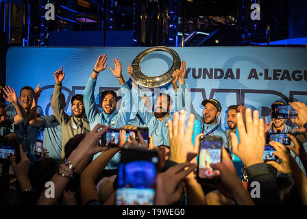 Sydney, Australia. 20th May, 2019. Sydney FC players pose with the A-League Grand Final trophy as the team celebrates with supporters in Sydney, Australia, May 20, 2019. Credit: Zhu Hongye/Xinhua/Alamy Live News Stock Photo