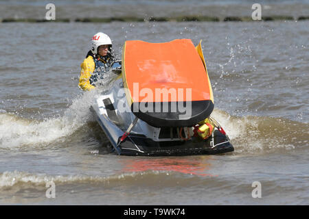 New Brighton, Wallasey. 21st May, 2019. UK Weather: Bright and sunny on the wirral riverside. RNLI Jetski training & rescue on the River Mersey using Yamaha craft. The exercise was a simulation of the lifeboat recovering a casualty from a high speed Jet Ski accident with the casualty being initially treated on the afloat lifeboat then the transfer of care to the shore based teams. sea rescue Stock Photo