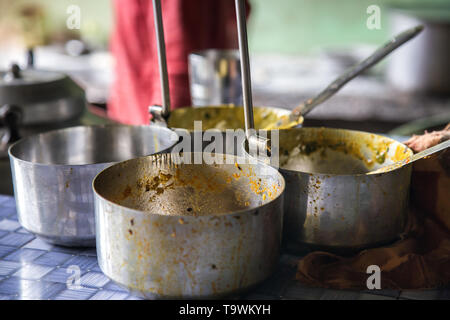 Dirty empty Dishes on Table after Meal in restaurant Stock Photo