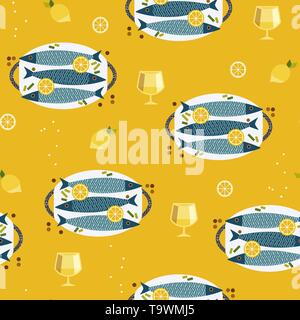 Flat hand drawn fish cooking icons seamless pattern Stock Vector