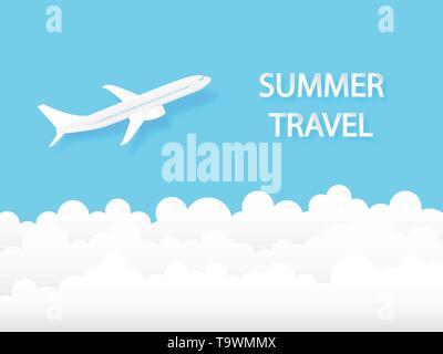 Summer travel concept airplane flying in the sky. Digital craft paper cut style. Vector illustration design. Stock Vector