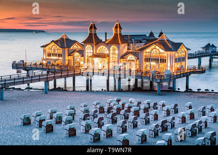 Famous Sellin Seebruecke (Sellin Pier) in beautiful evening twilight at dusk #in summer, Ostseebad Sellin tourist resort, Baltic Sea region, Germany Stock Photo