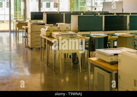 Empty modern school or university room with computers Stock Photo