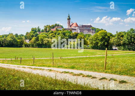 Beautiful view of famous Andechs Abbey on top of a hill in summer, district of Starnberg, Upper Bavaria, Germany Stock Photo
