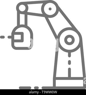 Wireless robotic welding machine, robotic arm with spark torch line icon. Stock Vector