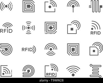 Set of RFID Chip Line Icons. Antenna, Circuit, Tag, Wire, Wireless and more. Stock Vector