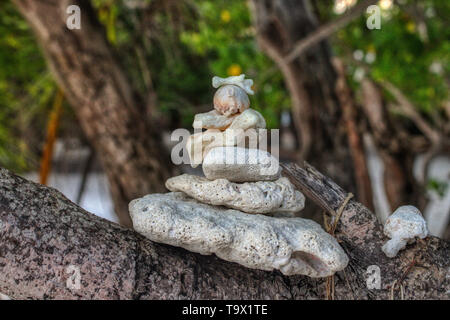 This unique photo shows a zen pyramid built from coral on a tree trunk. the photo was taken in the Maldives Stock Photo