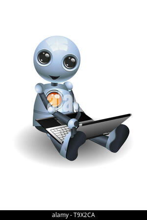 illustration of a little robot sit on using laptop on isolated white background Stock Photo