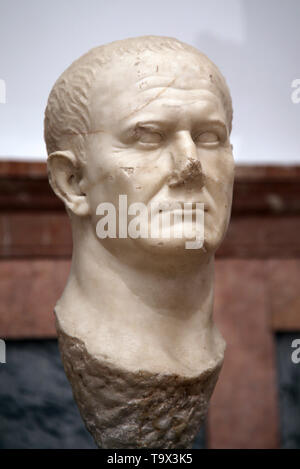 Bust of emperor Vespasian (9-79 AD). Marble. From Ecija, Andalusia, Spain. Archaeological Museum of Seville. Andalusia. Spain. Stock Photo