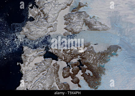 Jakobshavn Glacier in West Greenland seen from space - contains modified Copernicus Sentinel Data (2019) Stock Photo