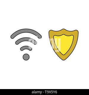 Vector icon concept of wireless wifi symbol with guard shield. Black outlines and colored. Stock Vector