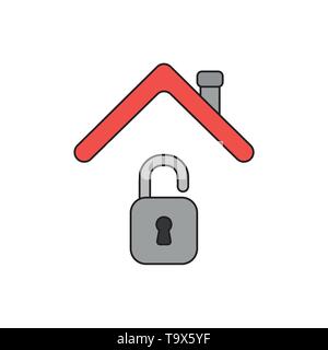 Vector icon concept of opened padlock under house roof. Black outlines and colored. Stock Vector