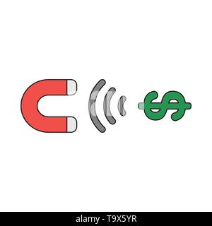 Vector icon concept of magnet attracting dollar money symbol. Black outlines and colored. Stock Vector