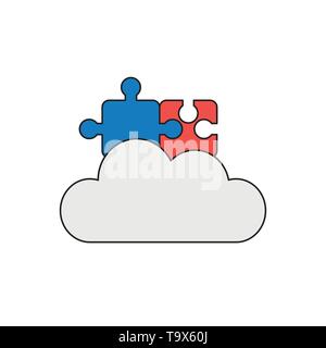 Vector icon concept of two connected jigsaw puzzle pieces on cloud. Black outlines and colored. Stock Vector