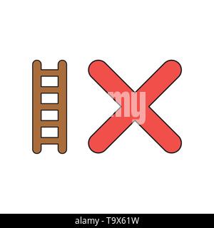 Vector icon concept of wooden ladder with x mark. Black outlines and colored. Stock Vector