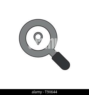 Vector illustration icon concept of magnifying glass with map pointer. Black outlines and colored. Stock Vector