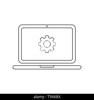 Vector illustration icon concept of laptop with gear. Black outlines. Stock Vector