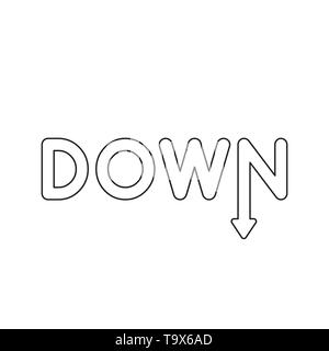 Vector icon concept of down word with arrow moving down. Black outlines. Stock Vector