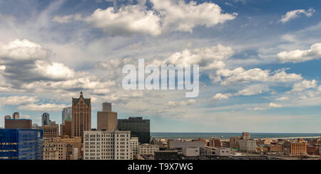 Downtown Milwaukee Skyline with a view of Lake Michigan in spring, Wisconsin, USA. Stock Photo