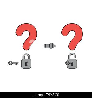 Vector icon concept of red question marks with closed and opened padlocks with key. Black outlines and colored. Stock Vector