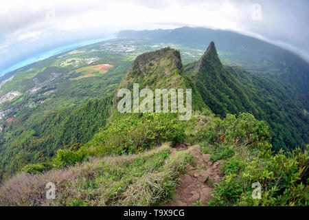 View from summit of Olomana Trail, Windward, Oahu, Hawaii, USA Stock Photo