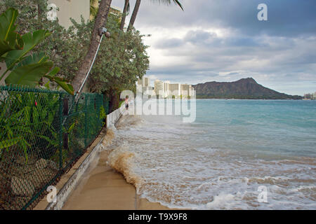 Record high tides or king tides in Waikiki Beach in May 2017, Oahu, Hawaii Stock Photo