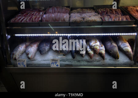 Fresh fish and meat on display for sale, Municipal Market, Sao Paulo, Brazil Stock Photo