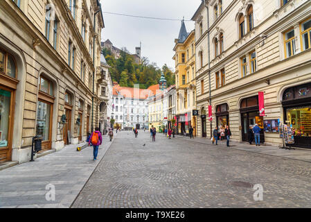 Ljubljana, Slovenia - October 26, 2018: Stritarjeva ulica or Stritar Street in old city of Ljubljana Stock Photo